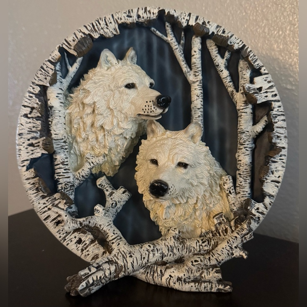 Vintage 3D Wolf Decorative Plate Sculpture | Birch Forest Wolves Wall Art | 8” - Picture 1 of 6